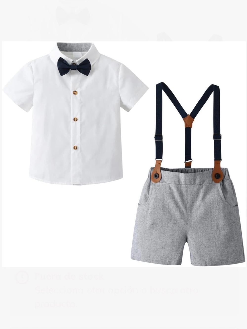 2 For $15 Boys White Shirt & Gray Shorts with Navy Suspenders and Bow Tie